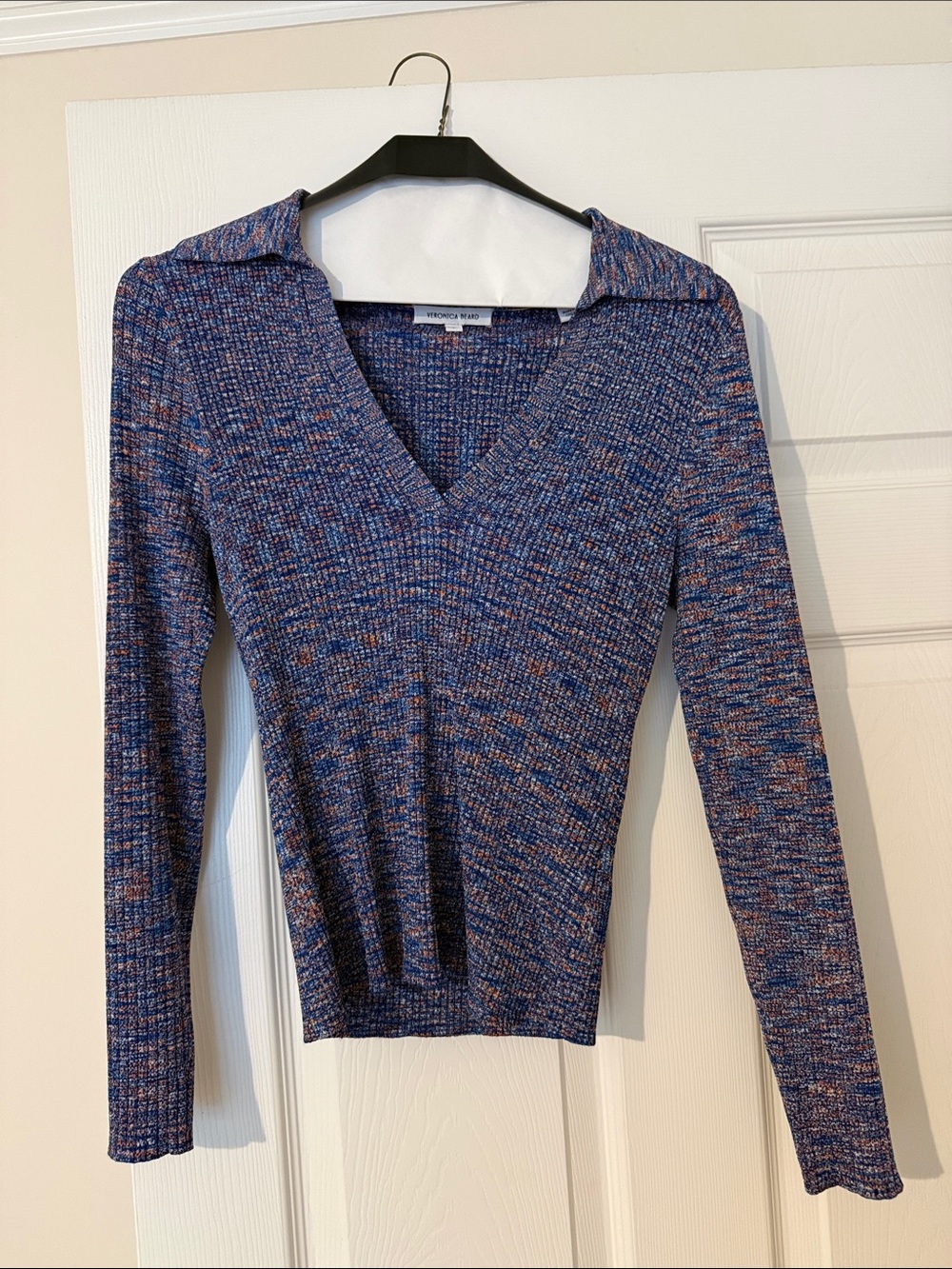 Veronica Beard Blue Multicolor Ribbed Sweater with Collar